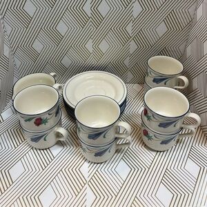 Lenox Poppies on Blue Teacup Set for 7 plus a Teacup & Creamer China Set